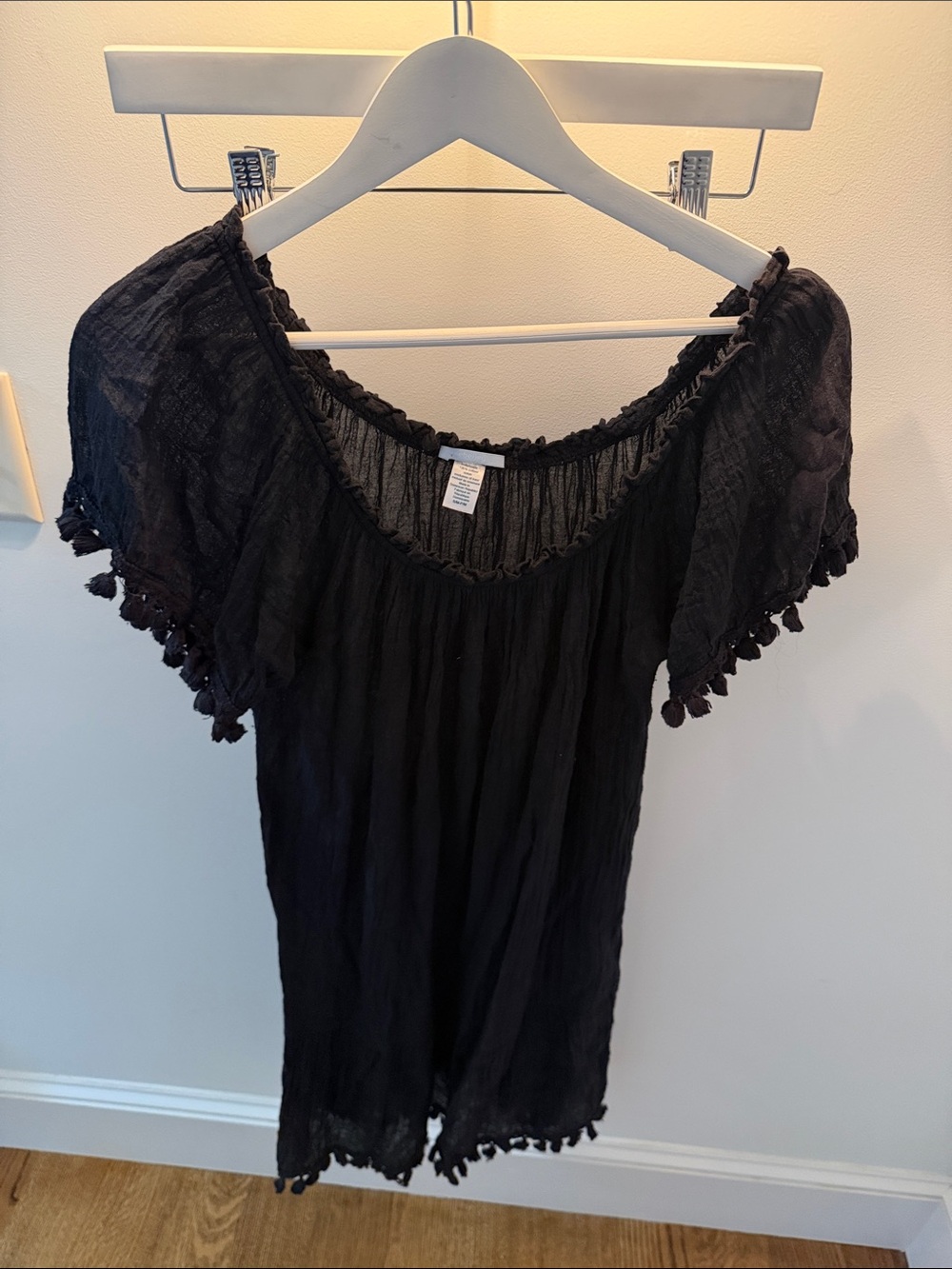 Eberjey Black Off-Shoulder Tunic with Pom-Pom Trim